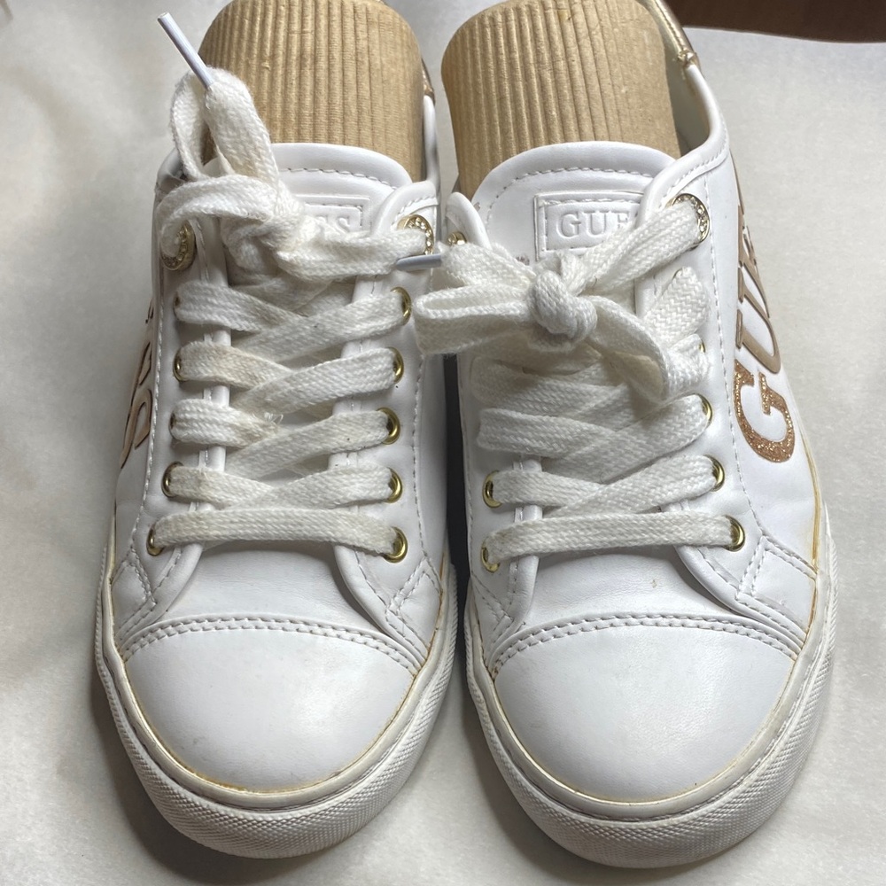 Guess Women's White Sneakers with Gold Details